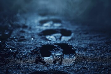 Footprints in darkness, minimal style, hinting at an unknown path ahead. - obrazy, fototapety, plakaty