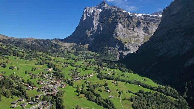Aerial view of Grindelwald mountain village, Bernese Oberland, Switzerland. 2.5x speeded up from 24 fps.