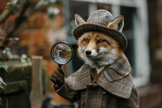 A clever fox kit, dressed as Sherlock Holmes, peers through a magnifying glass in a London alley with a blurred background.