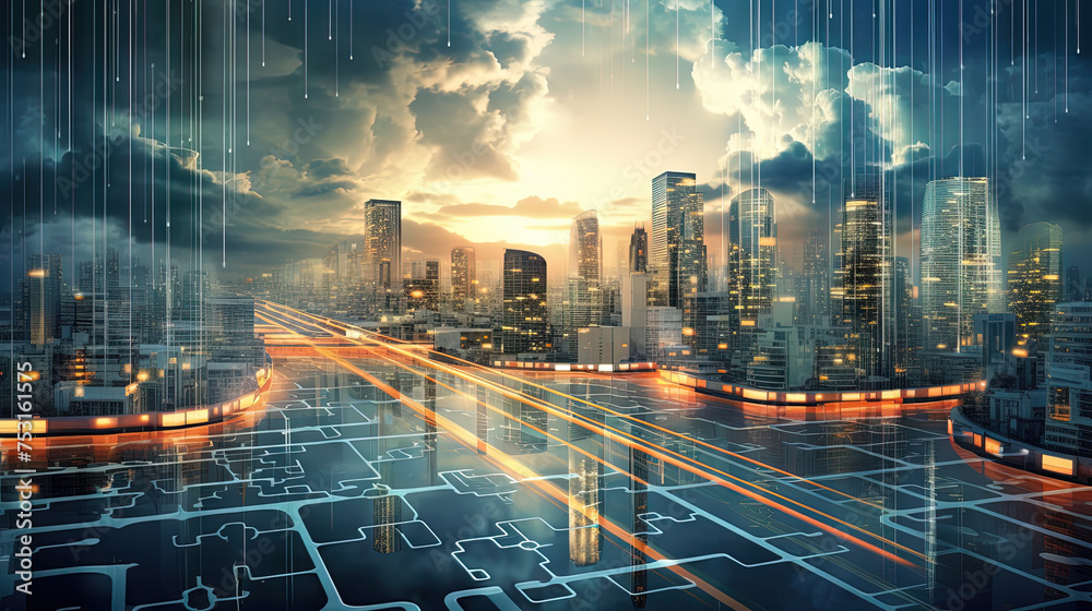 Poster concept of a digital city with cloud connections. futuristic network in the clouds.