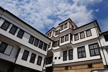 Fototapeta na wymiar Facade of a building, Historical houses in Ohrid, a beautiful Balkan city.