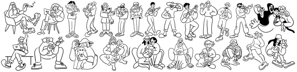 Fototapeta na wymiar cartoon people doodle style. set of men and women in different poses.print advertising poster template.people in lines