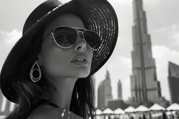 A woman stands in front of a cityscape, wearing a hat and sunglasses. She looks out at the urban...