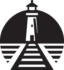 lighthouse isolated on a white background with the sun behind it and a pier leading to it. 