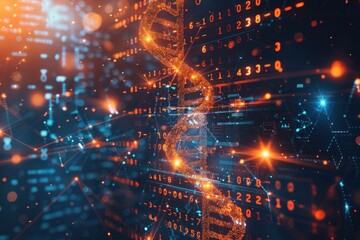 a digital dna image. there are medical symbols around it. 