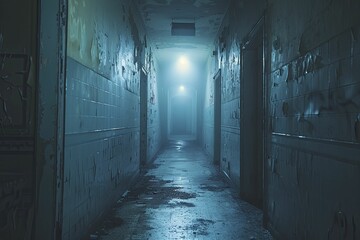 Flickering light in abandoned asylum, minimal style, dark tone explores lost minds, creating a haunting atmosphere.