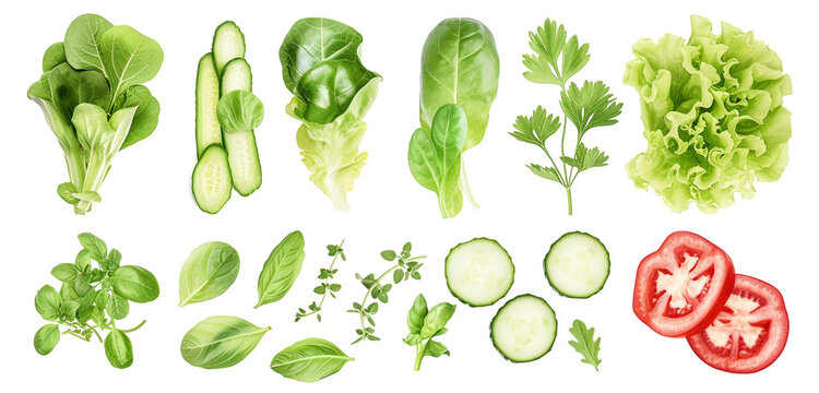 Freshly cut salad ingredients, isolated on a white background. Realistic style, 4K resolution