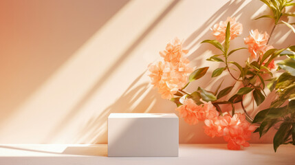White cube blank for product display or mockup on a peach background with shadows and beautiful spring flowers. AI generated.
