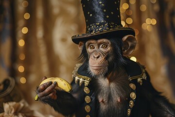 Monkey magician on stage, revealing a banana from a hat amidst a blurred curtain background.