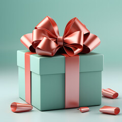 Obraz premium Open gift box or present box with red ribbon and bow isolated on green blue pastel color background with shadow 3D rendering.