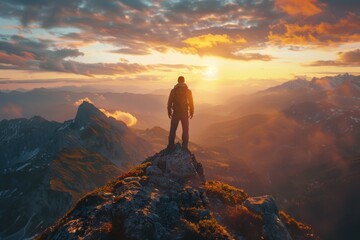 A man stands confidently on the summit of a mountain as the sun sets in the background, casting a warm golden glow over the rugged landscape