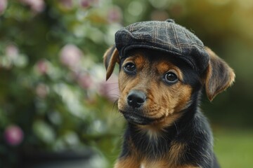 Puppy sporting a Sherlock cap investigates a garden with a mysterious blur background. - obrazy, fototapety, plakaty