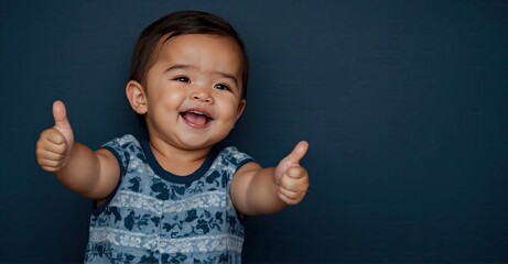 A delightful scene unfolds as a cute toddler extends a thumbs up on a lively dark blue background, encapsulating the spirit of encouragement and positivity in the world of the little ones