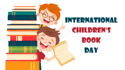 International Children's Book Day. Stack of books and laughing children peeking out