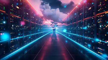 A futuristic data center glowing with lights - obrazy, fototapety, plakaty