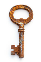 High-resolution image of a rusted key, focusing on its texture and patina, isolated on white background