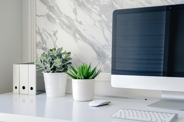 Sophisticated home office setup with a clean white marble background enhancing the clarity and focus of the workspace