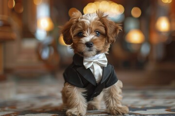 A puppy in a tiny tuxedo attends a formal event, with an elegant hall in the blurred background.