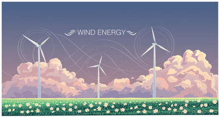 Landscape with wind turbines propellers, generating electricity located in a field with flowers, against a cloudy sky.