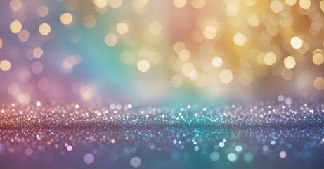 Dreamy bokeh backdrop in rainbow hues, pastel purple, blue, gold yellow, white silver, and pale pink