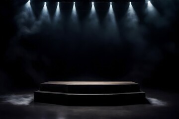 stage with spotlight, Step into the dramatic ambiance of a podium set against a black, smoky background, with abstract stage texture and fog spotlight