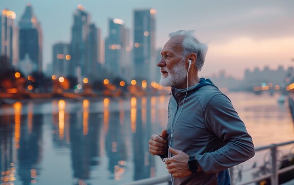 A fit senior man with a smartwatch and earbuds, jogging run along a city riverbank, the skyline reflecting in the water at dawn