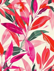 A painting featuring vibrant pink and red leaves against a stark white background.