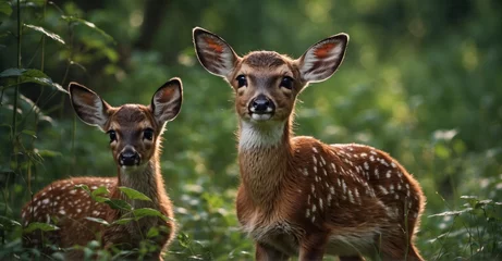 Foto op Aluminium  Immortalize the heartwarming moments of several baby deer engaging in playful activities amidst nature, expertly captured in 8K resolution using a 50mm lens © Hashim