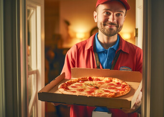 A pizza delivery man in uniform with a cardboard box in his hands near the door of a house in cinematic light. Generated AI.
