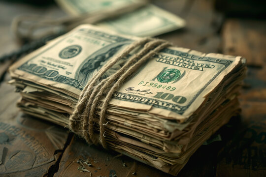 Stack of dollars. Old US Cash Bundles on wooden desk.
