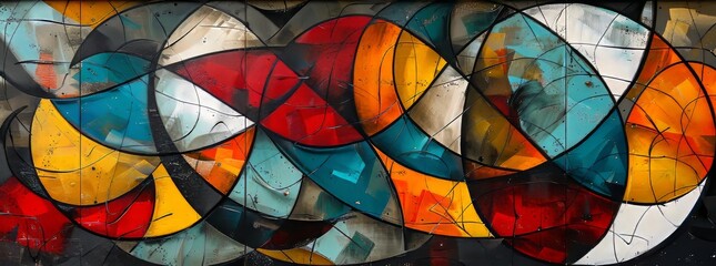 Abstract urban mural with sinuous black lines intertwining through colorful, curved shapes, evoking a sense of fluidity on a textured backdrop.