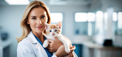 Portrait of a middle-aged nurse with blonde hair in a veterinary clinic cubicle holding a small kitten with blue eyes and free copy space