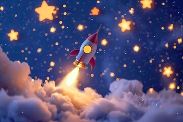 Obraz na płótnie Canvas Whimsical 3D illustration of an explorers journey on a mechanical rocket passing through a starry sky and approaching a curious wormhole