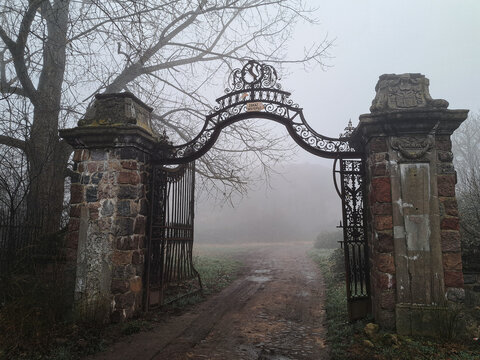 Old Abandoned Palace in the Fog. Glinka, Poland, Lower Silesian