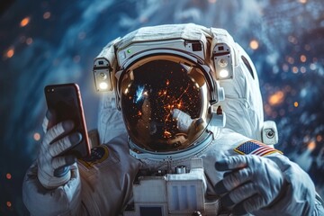 astronaut floating in space with his cell phone watching social networks