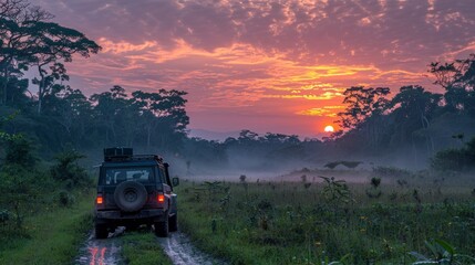 A guided jungle safari at dawn