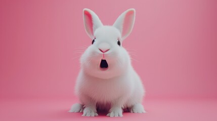 Obraz premium A cute white rabbit with a surprised face and open mouth on a pink background. Easter symbol, space for text