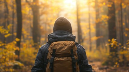 Rear view of man with backpack hiking in spring forest, backpacker in autumn landscape, Mountain and trekking, Adventure, Art, Travel, generative ai