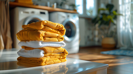 Photo of stack of towels on the foreground. There is washer and dryer on the back. Cozy photo of laundry room - obrazy, fototapety, plakaty