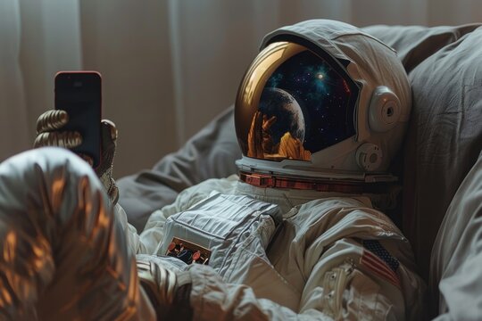 A man dressed in a space suit floating in space takes a selfie with a cell phone, capturing the vastness of outer space behind him
