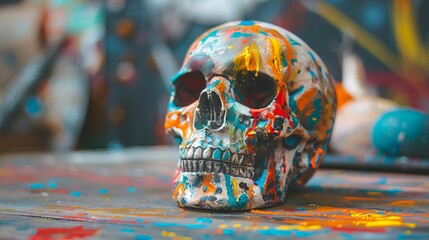 colorfully painted skull. Spooky concept. The idea of Santa Muerte or Halloween. background of the retro future.