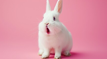 Obraz premium A cute white rabbit with a surprised face and open mouth on a pink background. Easter symbol, space for text
