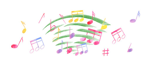 Composition with multicolored music notes. Notes flying through the waves of music. Rainbow color of note symbols. Watercolor illustration in classic style. Clip art for postcard design - obrazy, fototapety, plakaty