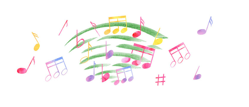 Composition with multicolored music notes. Notes flying through the waves of music. Rainbow color of note symbols. Watercolor illustration in classic style. Clip art for postcard design