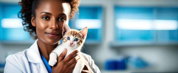 passionate and devoted dark-skinned veterinarian doctor with a fluffy kitten in a cuddle to which she has already become attached in the background of a medical office with space for a text