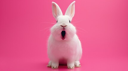 Obraz premium A cute white rabbit with a surprised face and open mouth on a pink background. Easter symbol, space for text