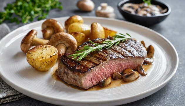 steak with fried potatoes and mushrooms