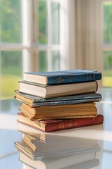 Six books arranged in a neat stack on a pristine white table, as viewed from an inviting front angle