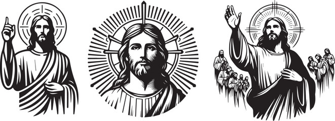 portrait of Jesus Christ and full silhouette with welcoming hand gesture, black vector graphic