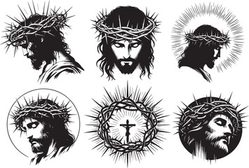 portraits of Jesus Christ on the cross, crown of thorns, profile and front, black vector graphic